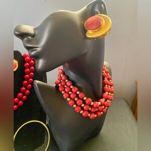 Vintage Carved Red & Glass Beaded Necklaces with gold accents earrings